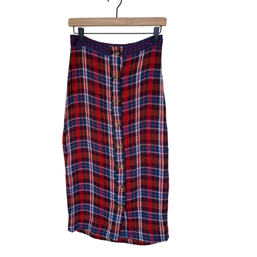 Urban Outfitters Jo Plaid Midi Skirt Red Blue Tartan Pencil S Grunge 90's Preppy - Picture 2 of 15